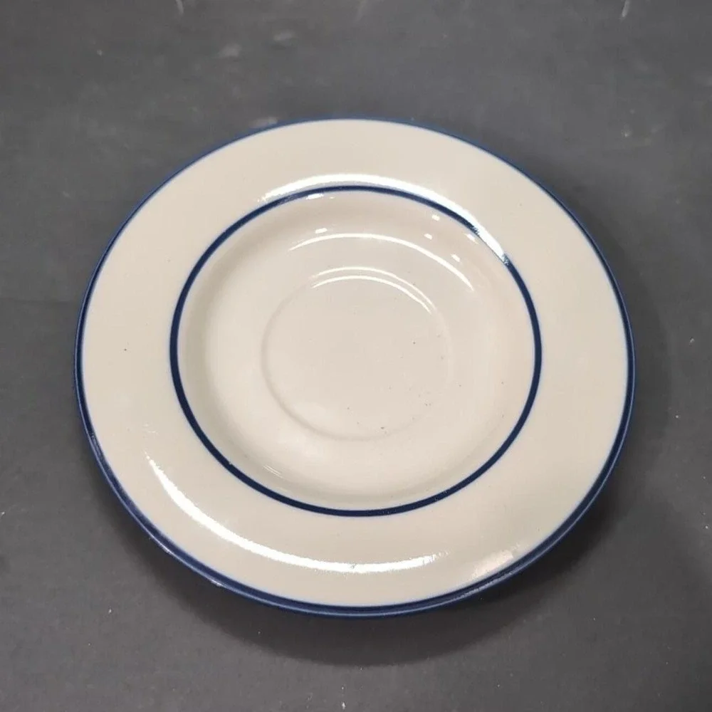 Permastone Stoneware Saucers, Set‎ of 4, Vintage White Plates With Blue Trim